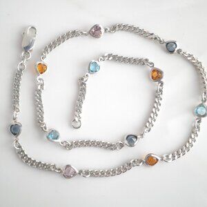 Vintage Italy Heart Shape Crystal Links 925 Sterling Silver Curb Link Necklace